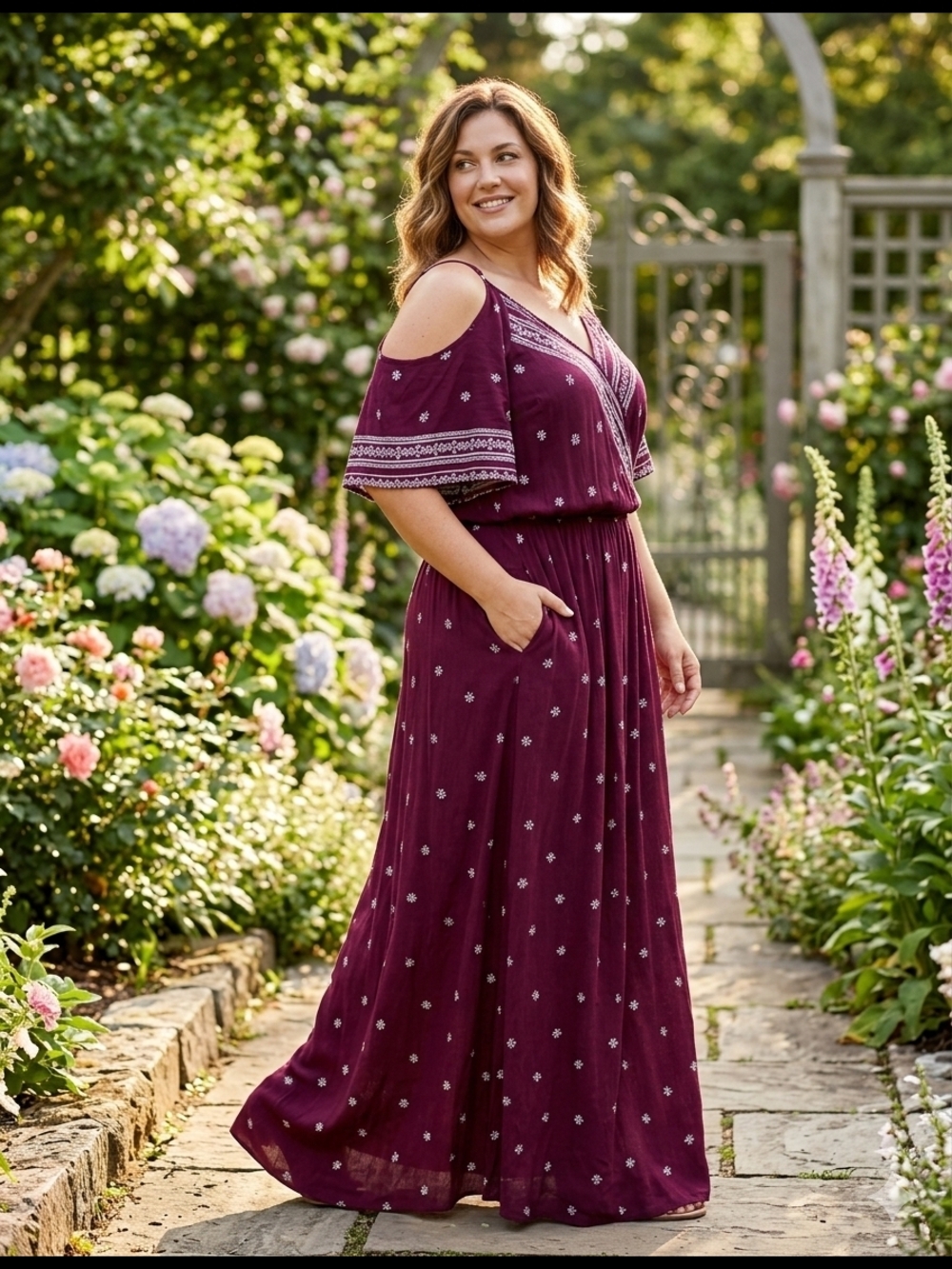 Xhilaration Cold-Shoulder Maxi Dress in Plum with White Motif
